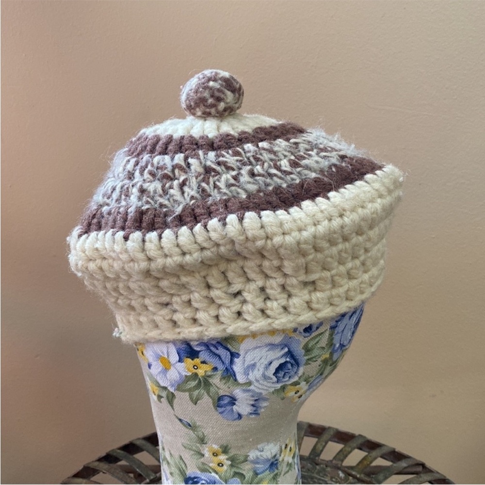 VTG Handmade Handknit Knitted Crochet Beret Pom - Picture 4 of 8